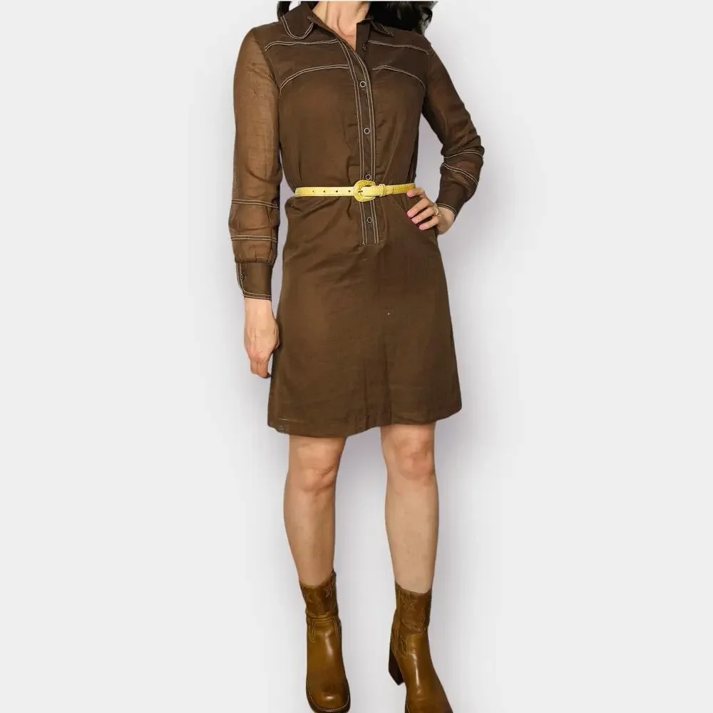VINTAGE Brown Long Sleeve button down shirt dress Mini Coastal Cowboy Retro SZ S - Picture 3 of 8